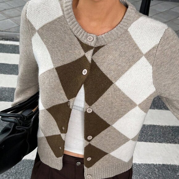 Multicolor Casual Women's Collegiate Patchwork Argyle Long Sleeve Cardigan - Picture 4 of 5